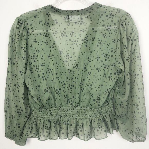 ASOS | Star Print Sheer Green Blouse Tie Front Ruffle Bottom Women’s Size 8 - Picture 8 of 10